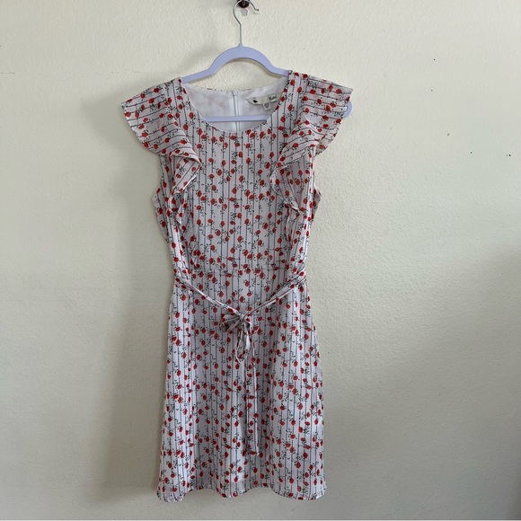 Yumi UK Orange Red Floral Flutter Sleeve Mini Tie Waist Dress Size 6 US - Picture 1 of 10